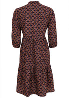 Dark purple cotton dress with 3/4 sleeves and mandarin collar with v neckline.
