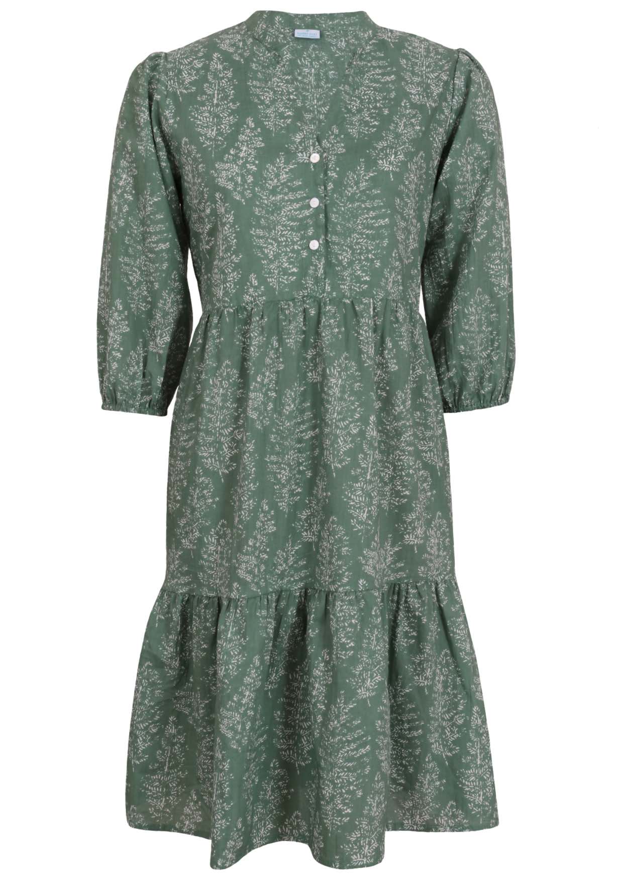 100% cotton relaxed fit, two tiered midi dress in sage green based floral print.