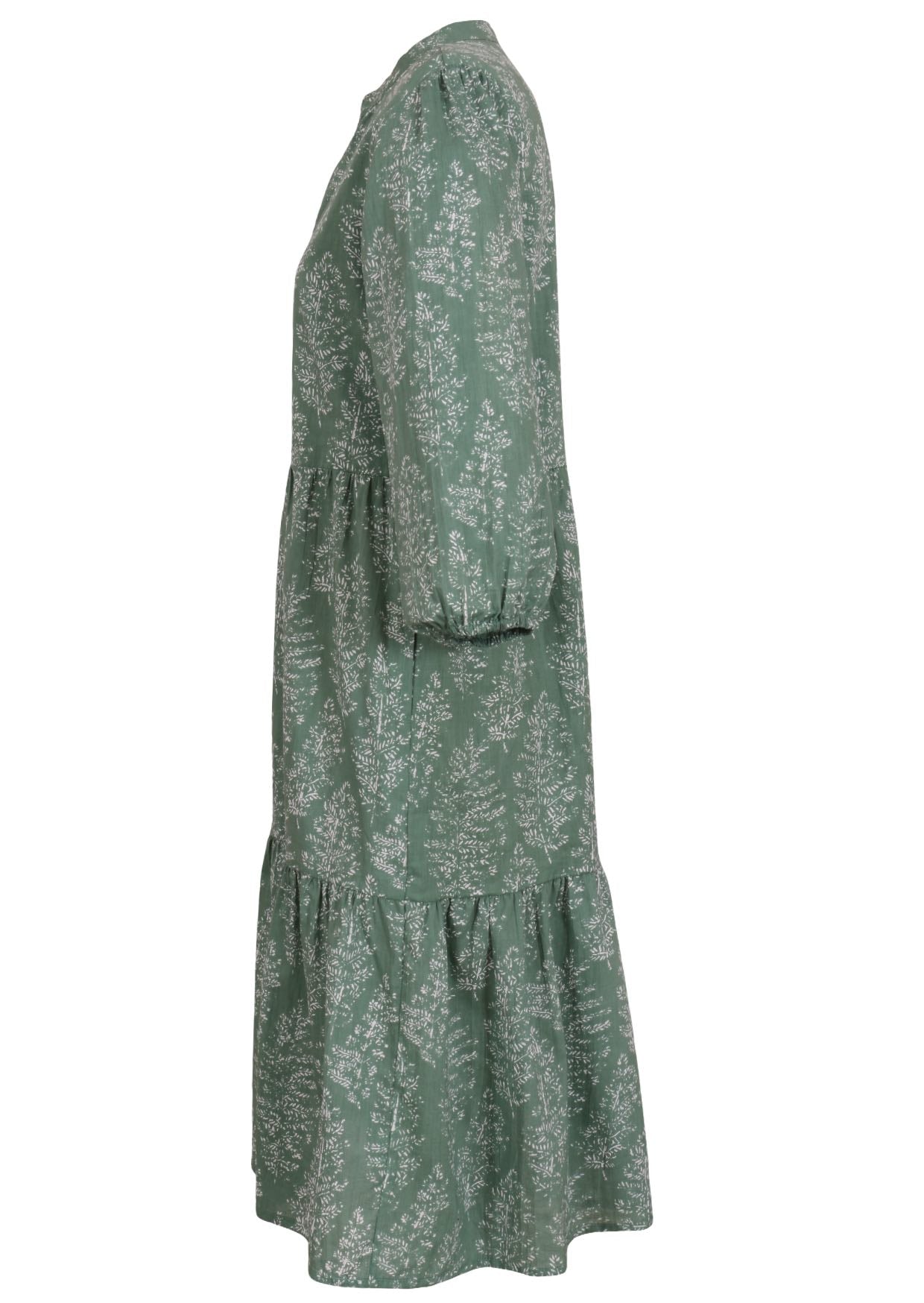 Lightweight cotton green based floral relaxed fit dress with 3/4 sleeves and hidden side pockets.