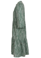 Lightweight cotton green based floral relaxed fit dress with 3/4 sleeves and hidden side pockets.