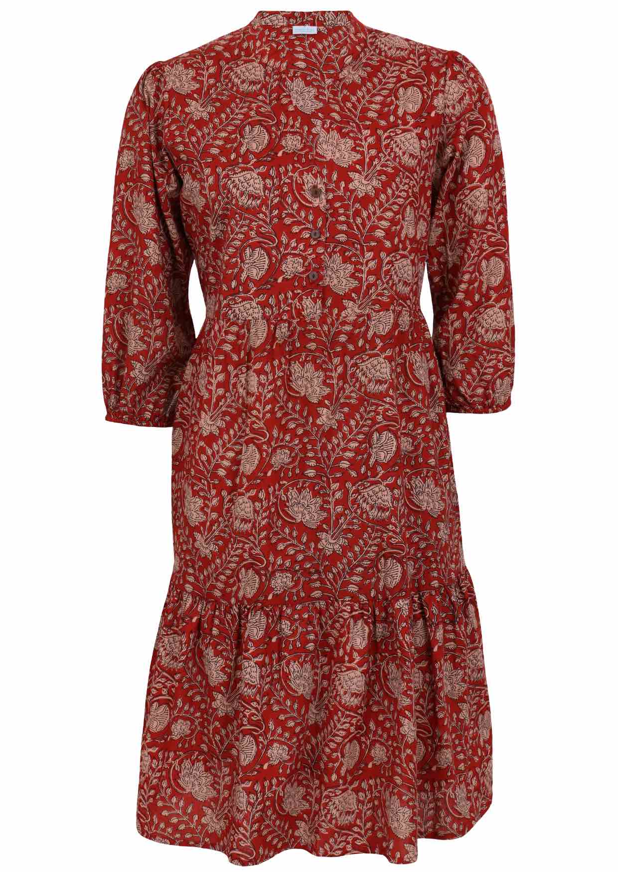 100% cotton relaxed fit, two tiered midi dress in red based floral print.