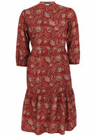 100% cotton relaxed fit, two tiered midi dress in red based floral print.