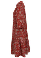Lightweight cotton red based floral relaxed fit dress with 3/4 sleeves and hidden side pockets.