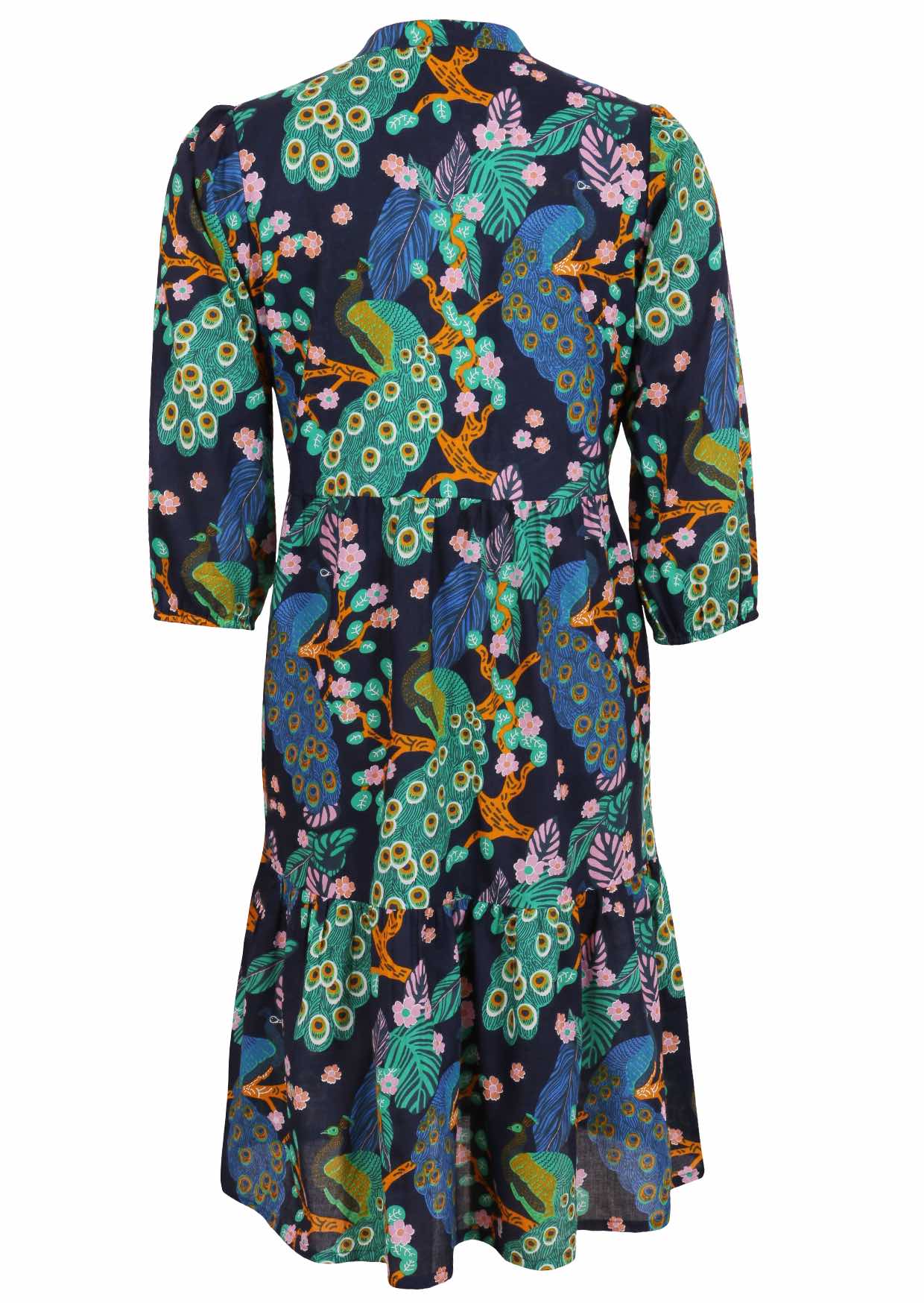 Loose fit cotton midi dress with mandarin collar, 3/4 sleeves and pockets.