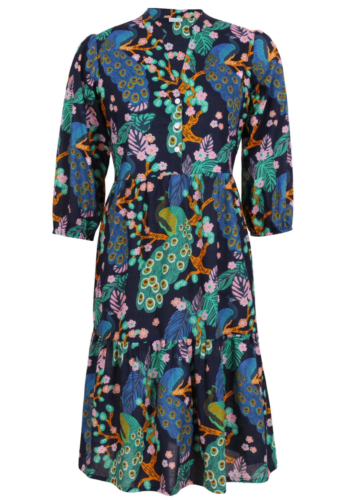 100% cotton relaxed fit, two tiered midi dress in navy blue based floral print.