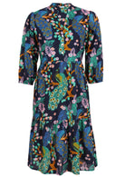 100% cotton relaxed fit, two tiered midi dress in navy blue based floral print.