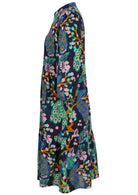 Lightweight cotton navy blue based floral relaxed fit dress with 3/4 sleeves and hidden side pockets