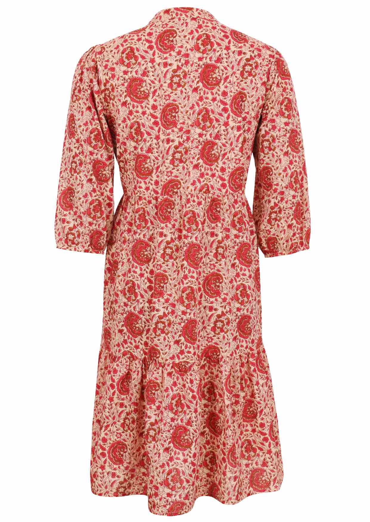 Loose fit cotton midi dress with mandarin collar, 3/4 sleeves and pockets.