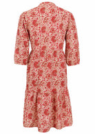 Loose fit cotton midi dress with mandarin collar, 3/4 sleeves and pockets.