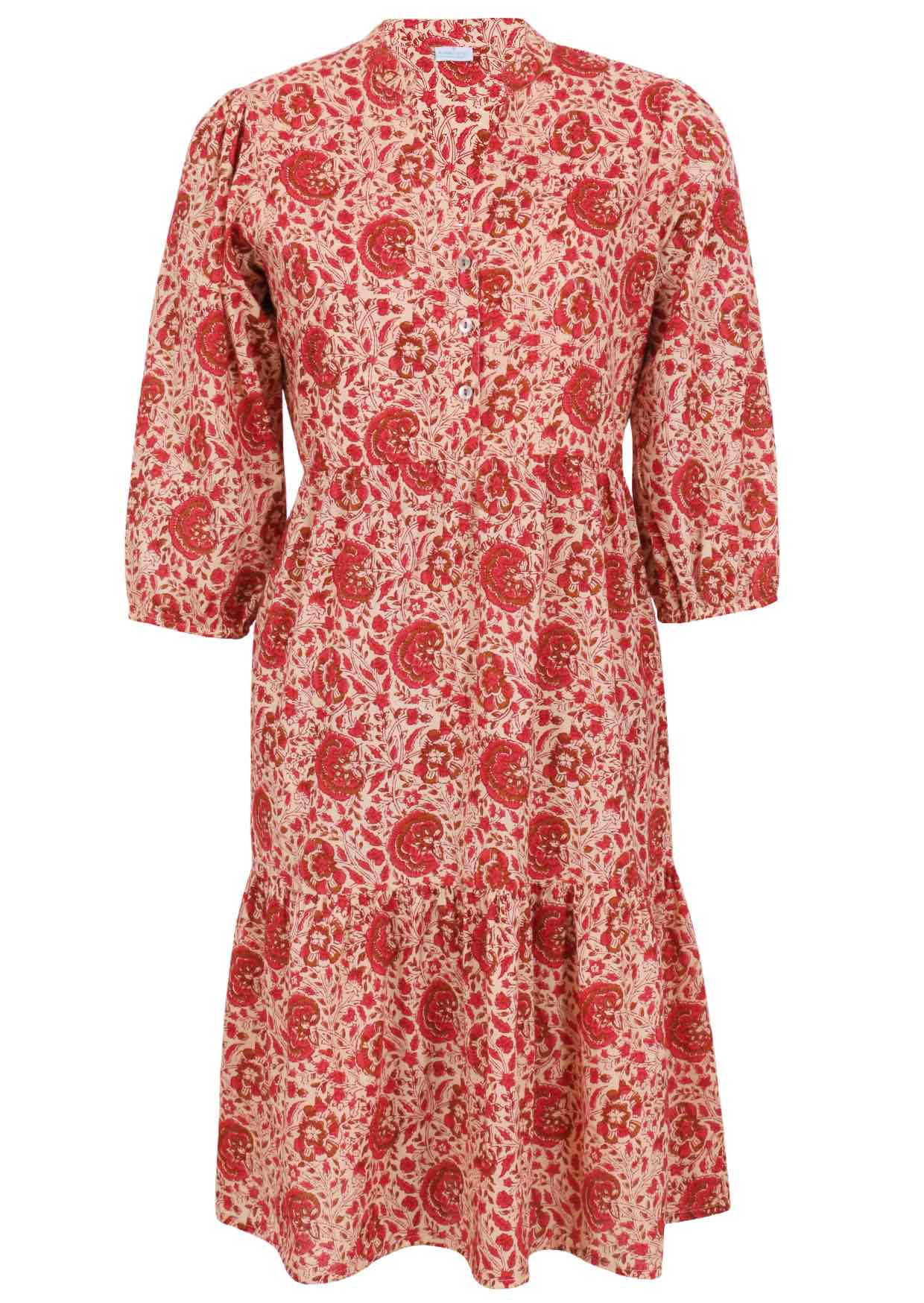 100% cotton relaxed fit, two tiered midi dress in cream based floral print.