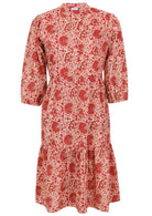 100% cotton relaxed fit, two tiered midi dress in cream based floral print.