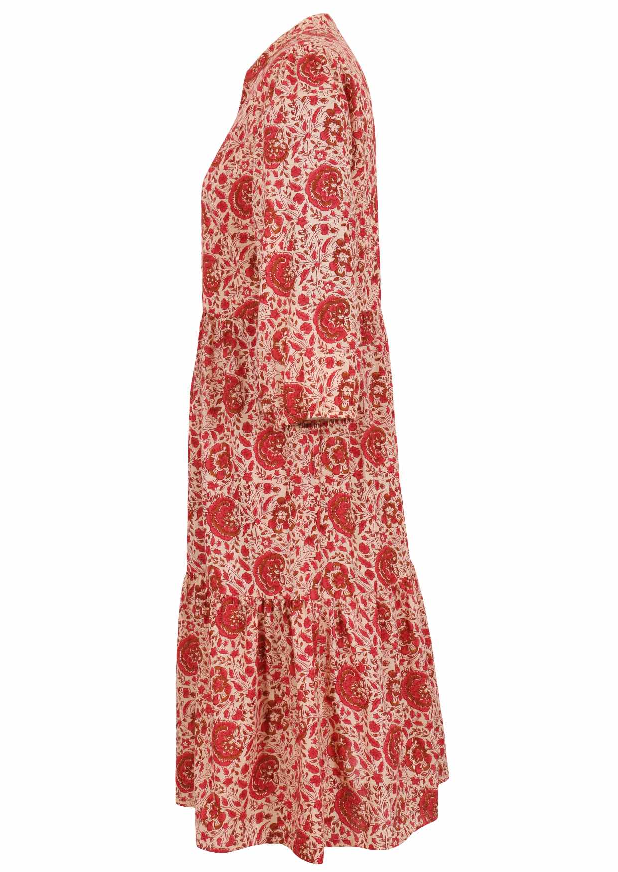Lightweight cotton cream based floral relaxed fit dress with 3/4 sleeves and hidden side pockets.
