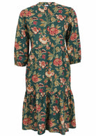 100% cotton relaxed fit, two tiered midi dress in green based floral print.