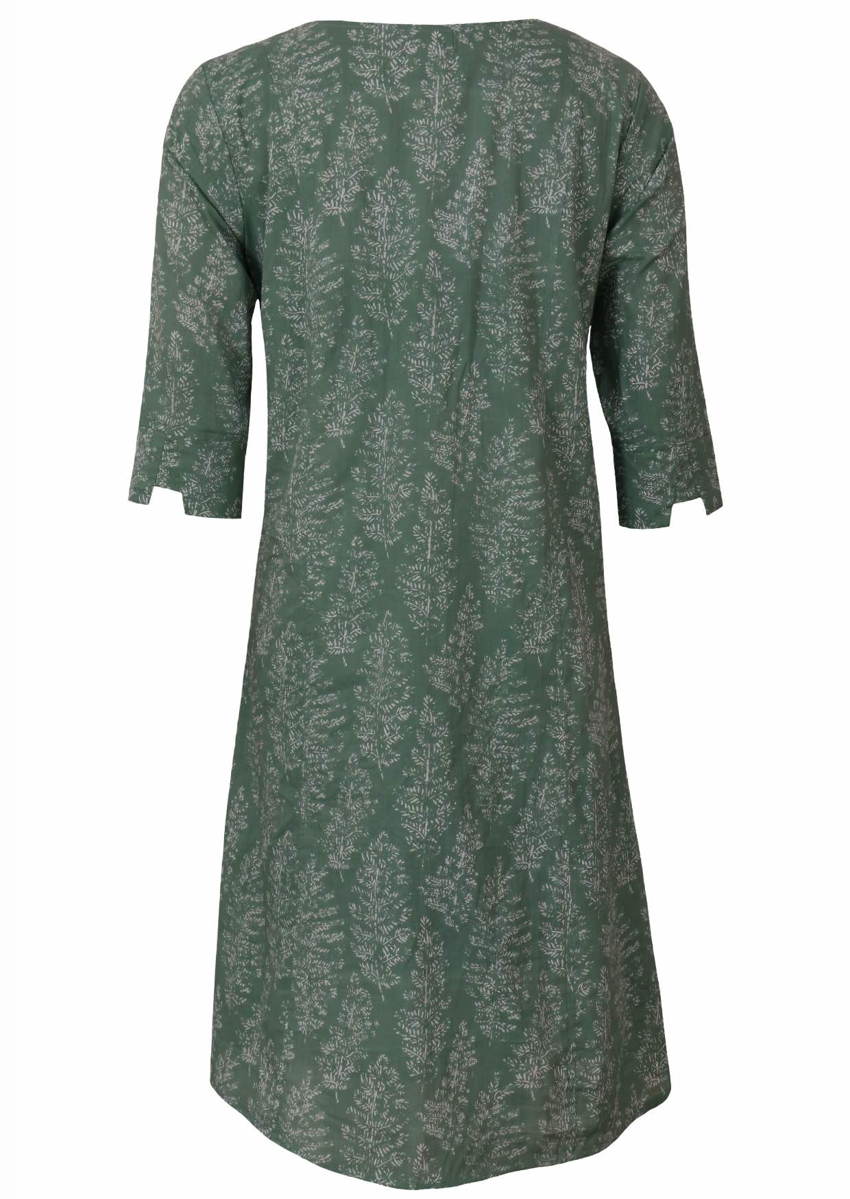 Back view of 100% cotton dress with cuffed designer sleeves and deep pockets with pin tucks.