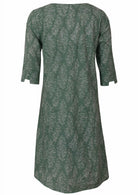 Back view of 100% cotton dress with cuffed designer sleeves and deep pockets with pin tucks.