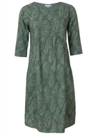 Relaxed fit below knee length cotton dress with 3/4 sleeves, pockets and round neckline.