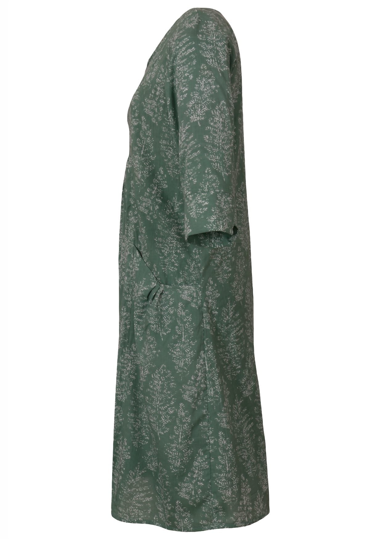 Side view of relaxed fit below knee length cotton dress with 3/4 sleeves, pockets and round neckline.