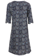 Back view of 100% cotton dress with cuffed designer sleeves and deep pockets with pin tucks.