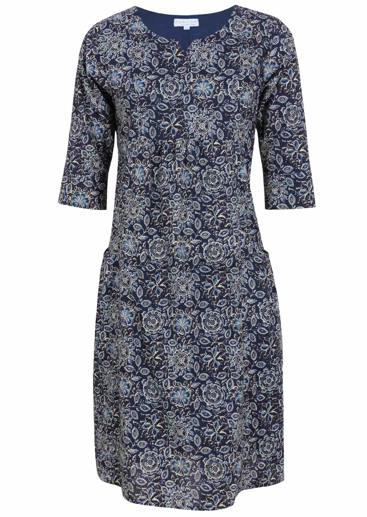 Relaxed fit below knee length cotton dress with 3/4 sleeves, pockets and round neckline.