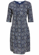 Relaxed fit below knee length cotton dress with 3/4 sleeves, pockets and round neckline.