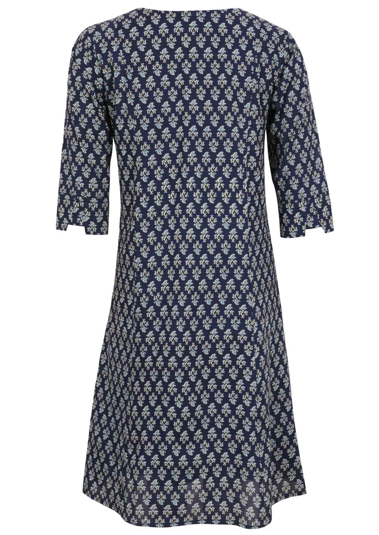 Back view of 100% cotton dress with cuffed designer sleeves and deep pockets with pin tucks.