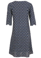 Back view of 100% cotton dress with cuffed designer sleeves and deep pockets with pin tucks.