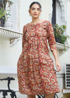 100% cotton loose fitting dress with 3/4 sleeves, empire waist and pcokets 