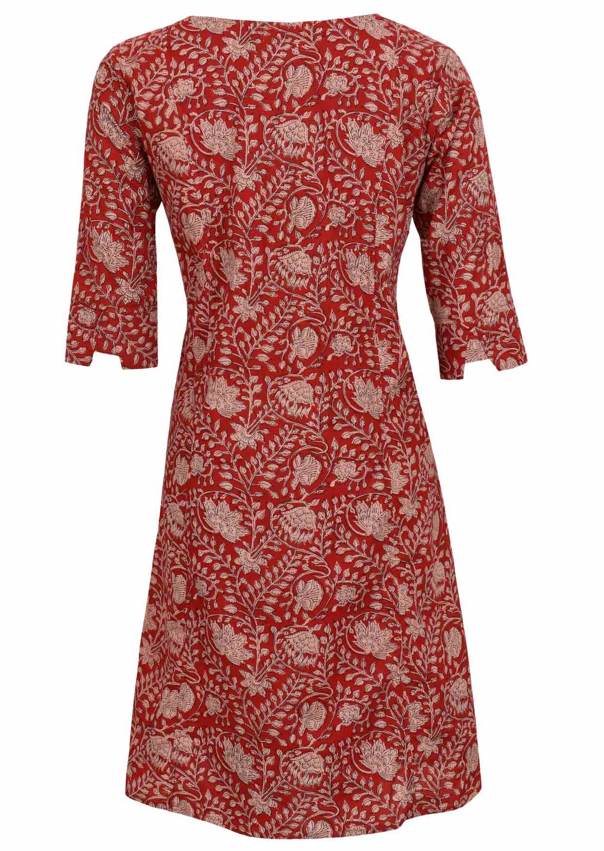 Back view of 100% cotton dress with cuffed designer sleeves and deep pockets with pin tucks.