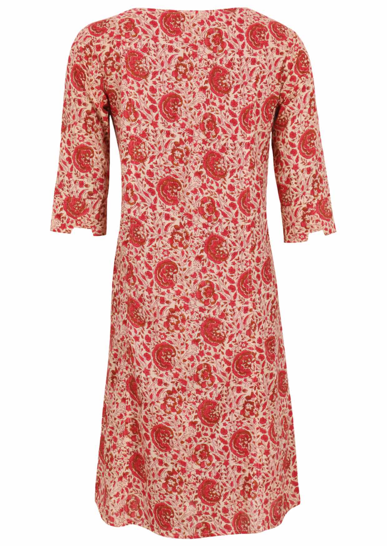 Back view of 100% cotton dress with cuffed designer sleeves and deep pockets with pin tucks.