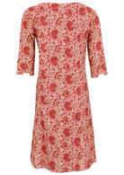 Back view of 100% cotton dress with cuffed designer sleeves and deep pockets with pin tucks.