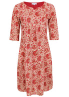 Relaxed fit below knee length cotton dress with 3/4 sleeves, pockets and round neckline.
