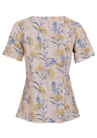 Back view of 100% cotton short sleeved relaxed fit cotton top with round neckline, pockets and gathers under the bust