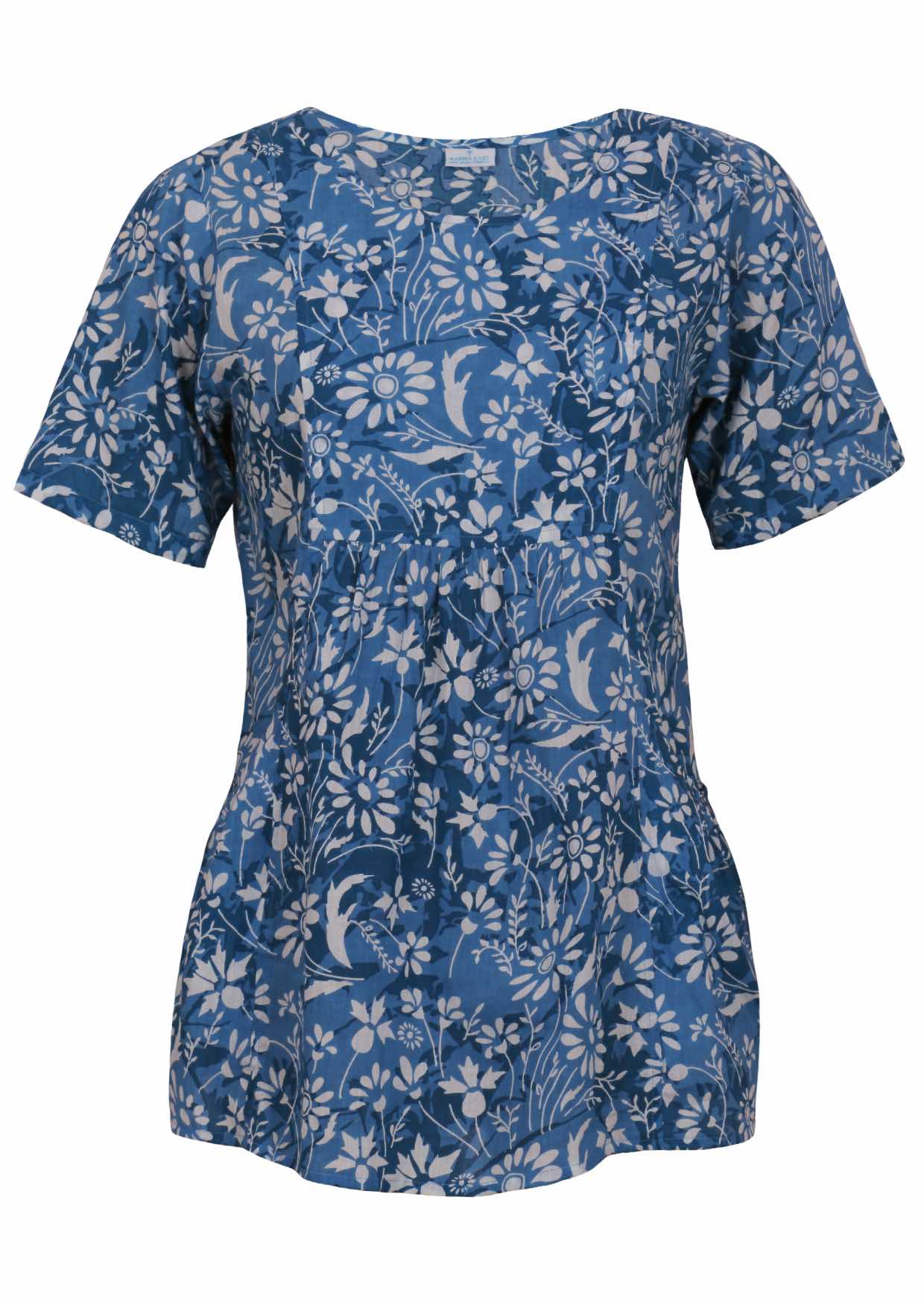 Front mannequin photo of cotton relaxed fit short sleeve top with gathers under the bust and deep pockets