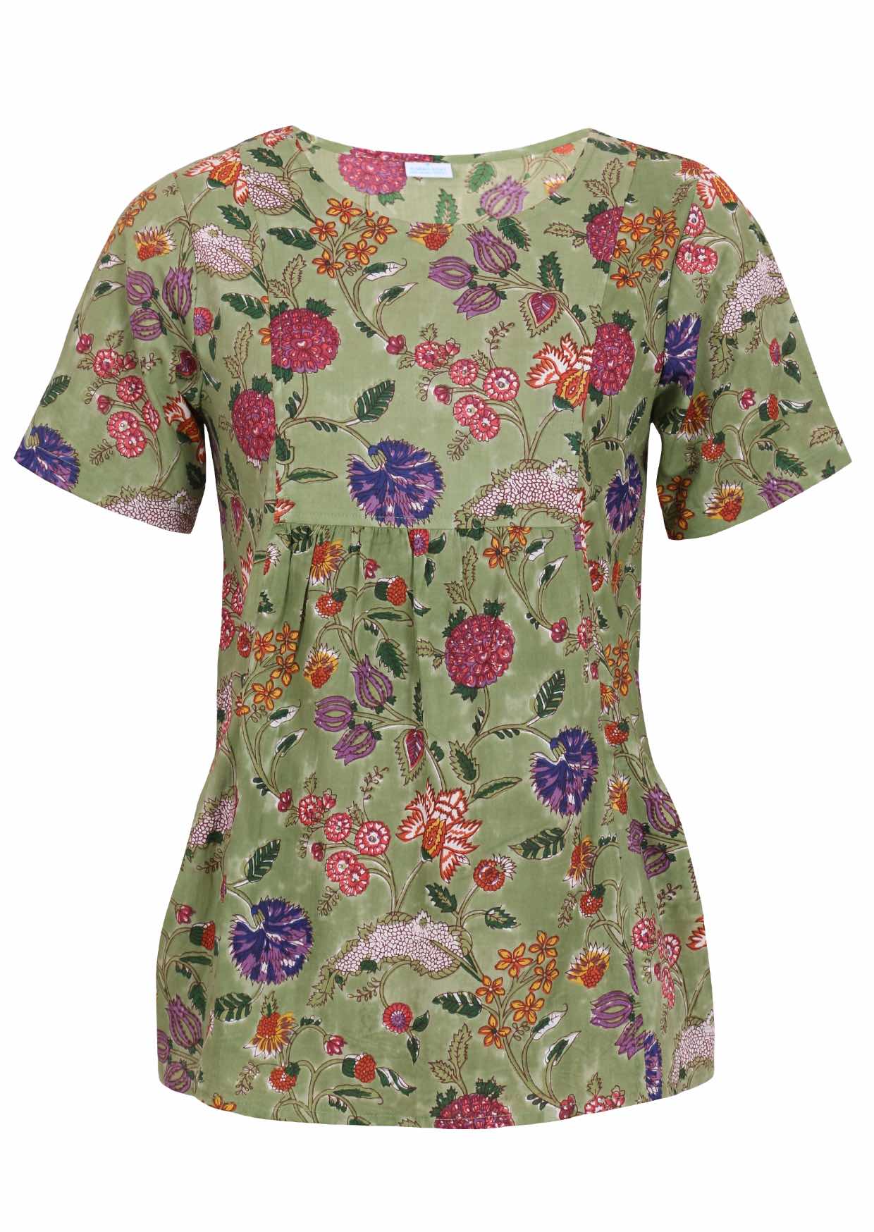 Green base with multi-coloured folk art style floral print cotton top with round neckline.