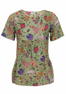 Green base with multi-coloured folk art style floral print cotton top with round neckline.