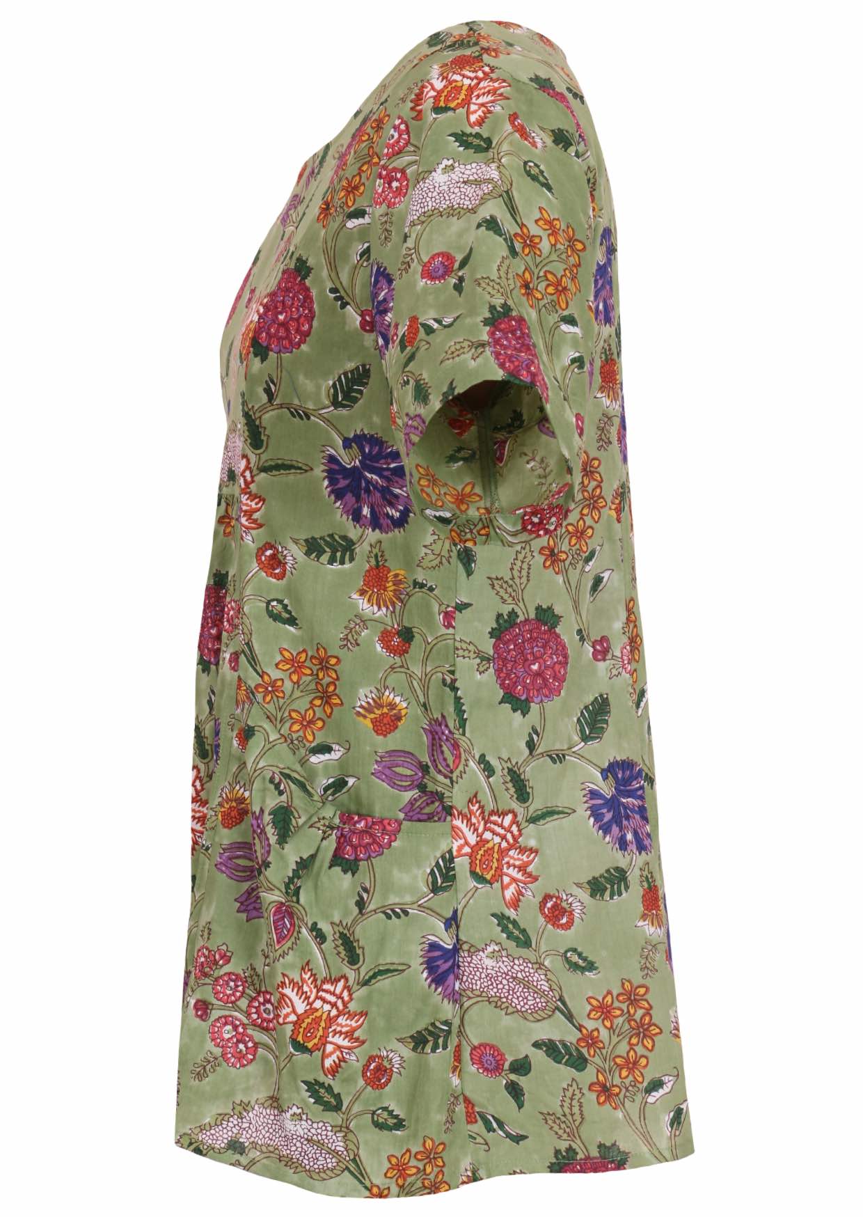 Green base with multi-coloured folk art style floral print cotton top on a white background.