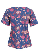 Relaxed fit 100% cotton top in navy blue with short sleeves, pockets and gathers under the bust 