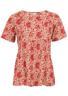 Relaxed fit 100% cotton top in cream based floral print with short sleeves, pockets and gathers under the bust