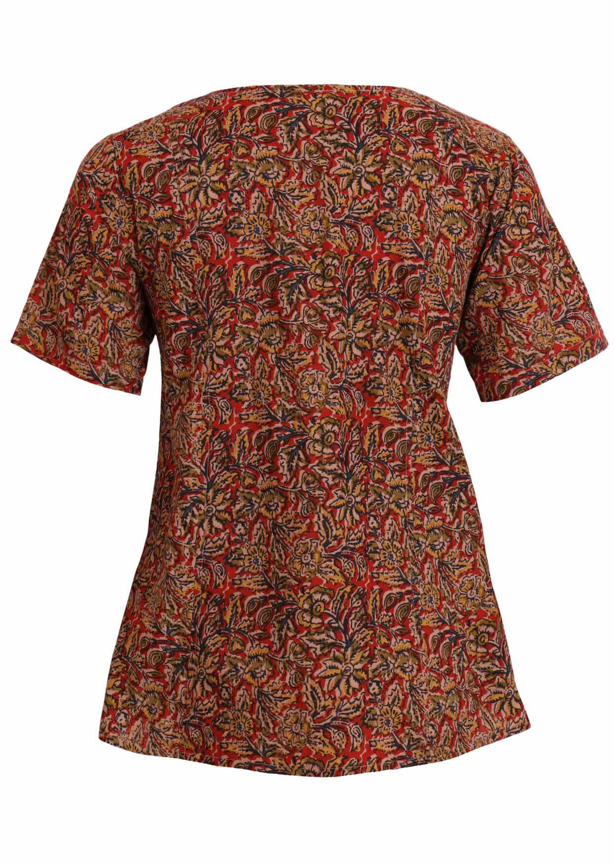  long cotton top Indian print in earthy tones back view