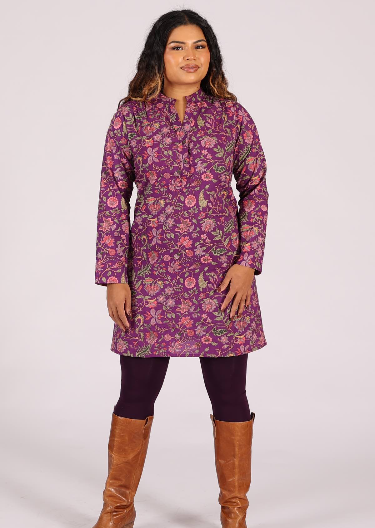Long sleeve cotton shirt dress, wear it over leggings or pants, or by itself on warm days