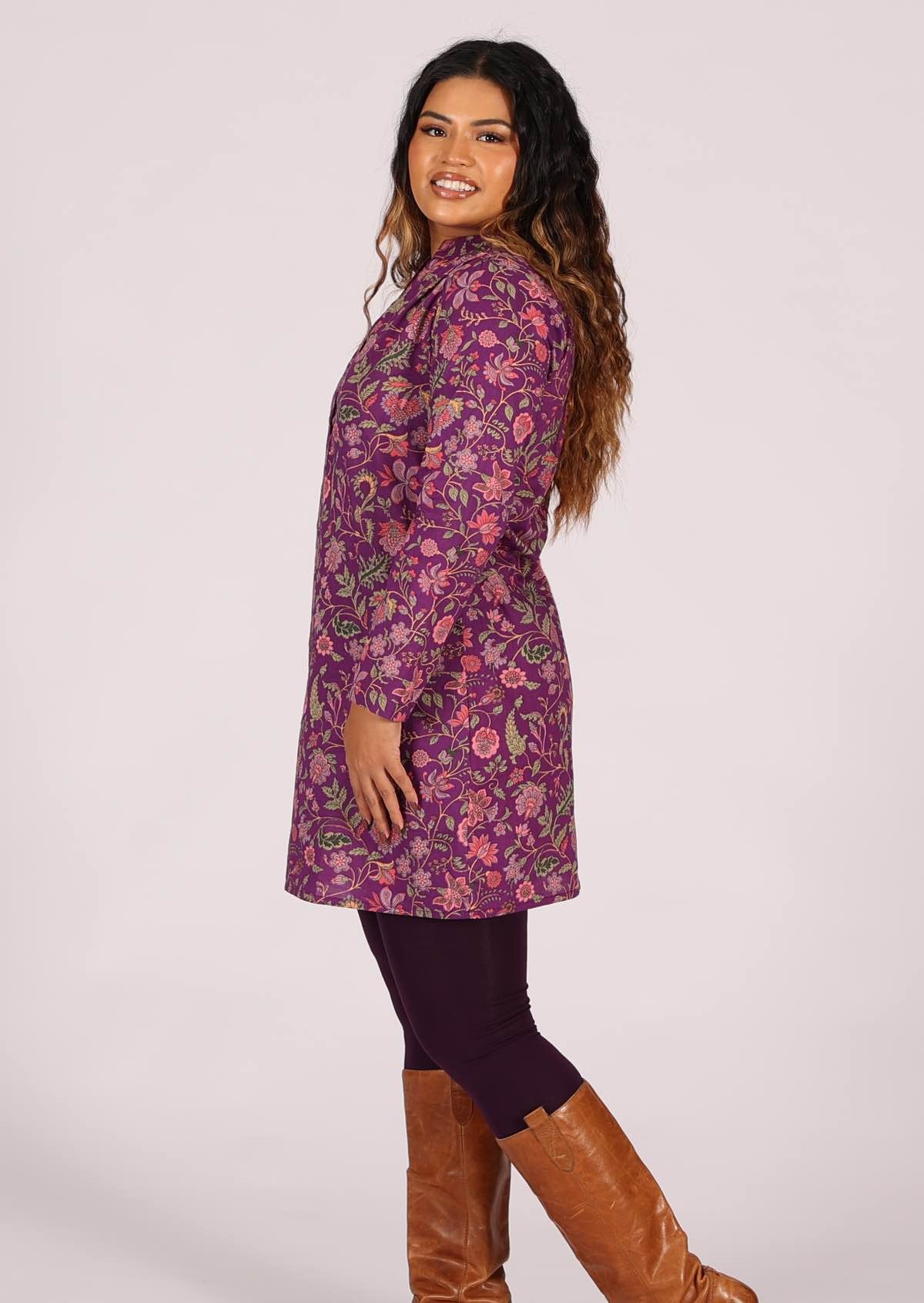 100% cotton long sleeve tunic in sweet floral print on purple base