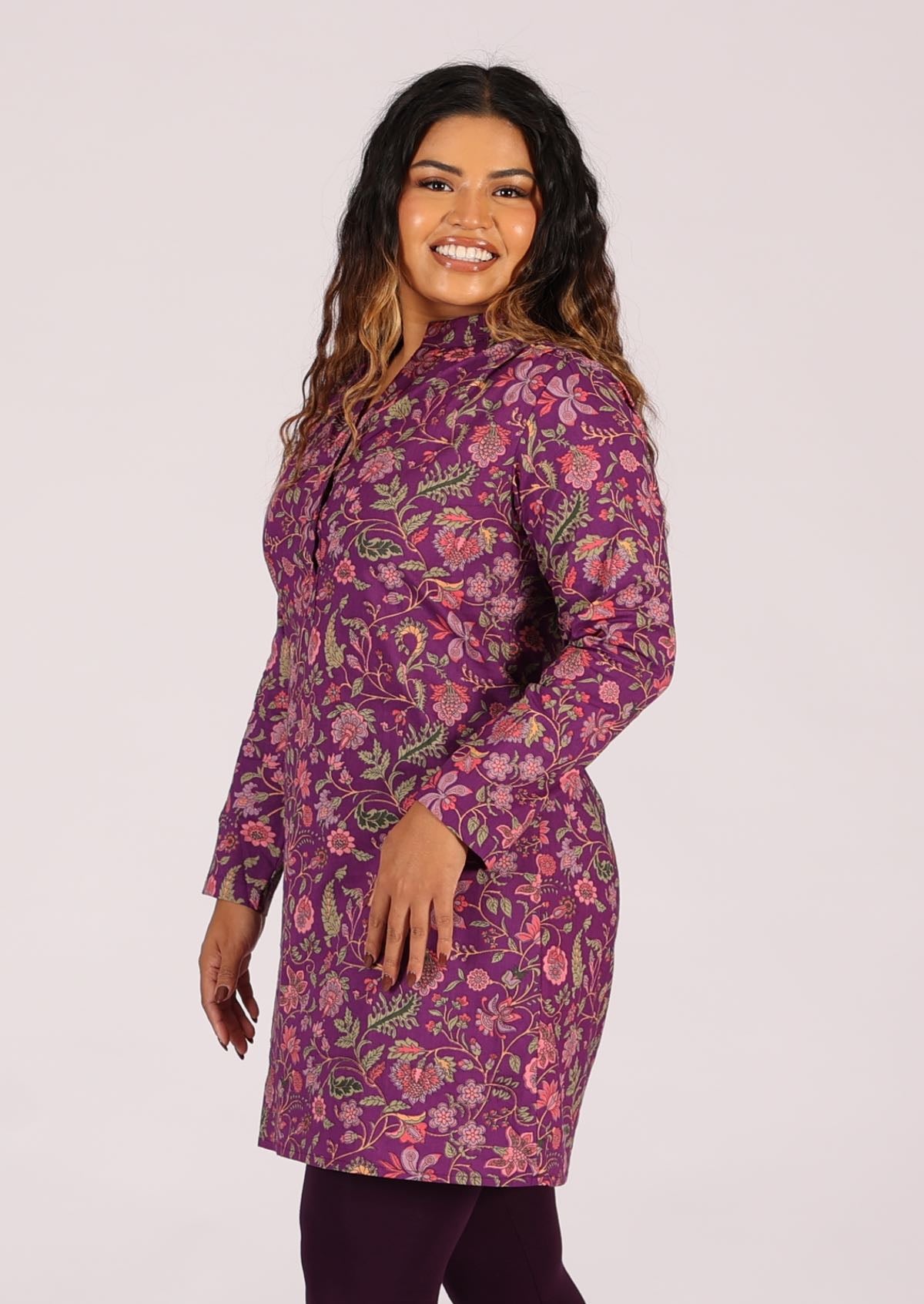 100% cotton pink and purple floral print shirt dress