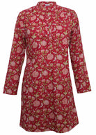 Front mannequin photo of cotton long sleeve tunic in floral print on a bright red base