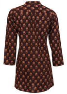 Long sleeves cotton tunic in dark brown based floral motif print with gathers at the center of back 