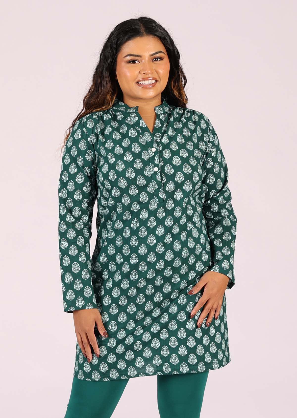 Green based printed cotton shirt dress with mandarin colar