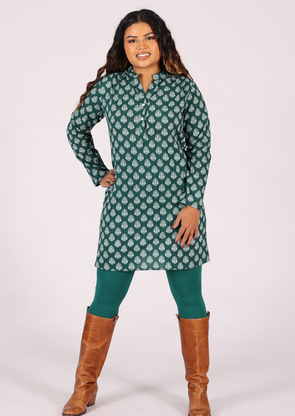 100% cotton long sleeve tunic with 2 buttons and mandarin collar