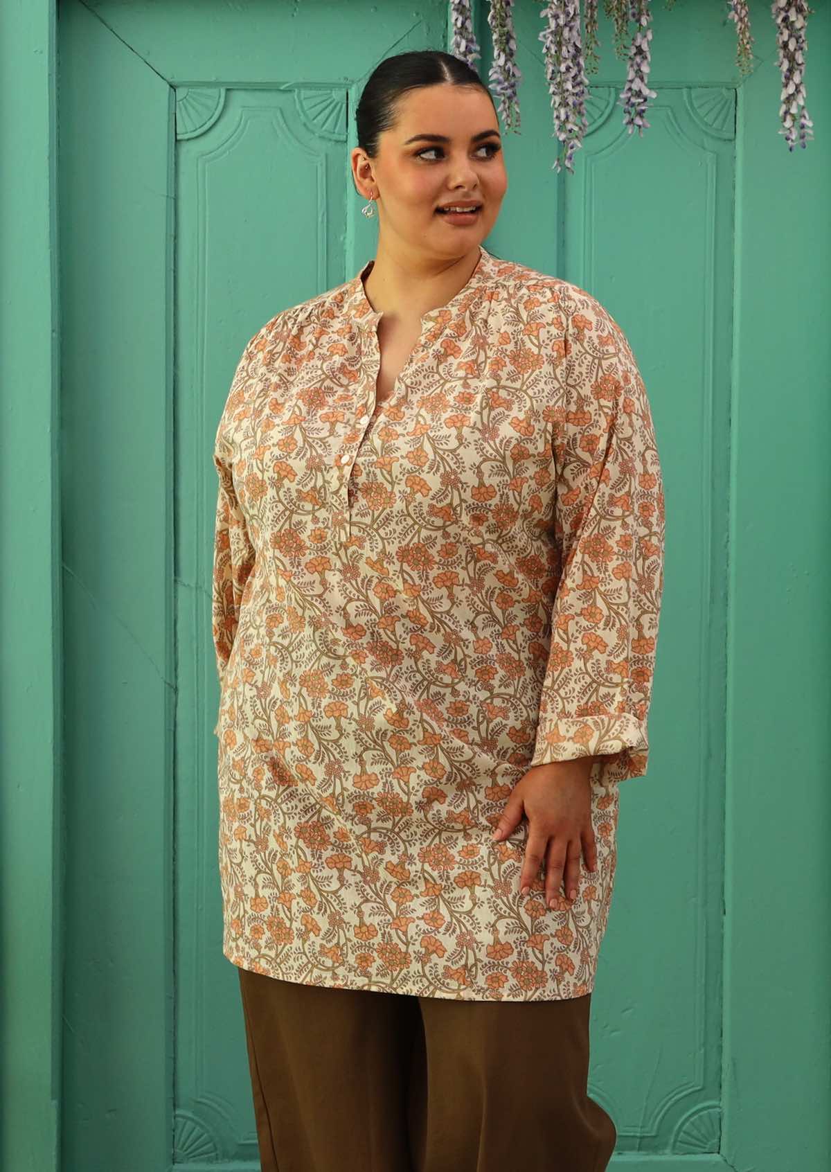 Torvi Tunic Shirt Dress Cream and Peach floral Print Karma East