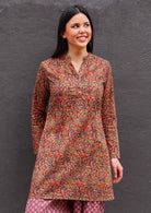 woman wearing 100% cotton Indian Print Tunic with mandarin collar over harem pants