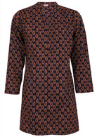  100% cotton long sleeve tunic with small gathers across shoulders and mandarin collar.