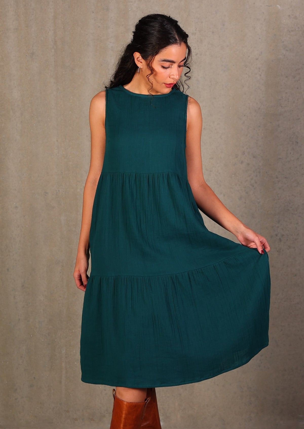 Tiered sleeveless dress made from two layers of lightweight cotton gauze in superb deep teal colour